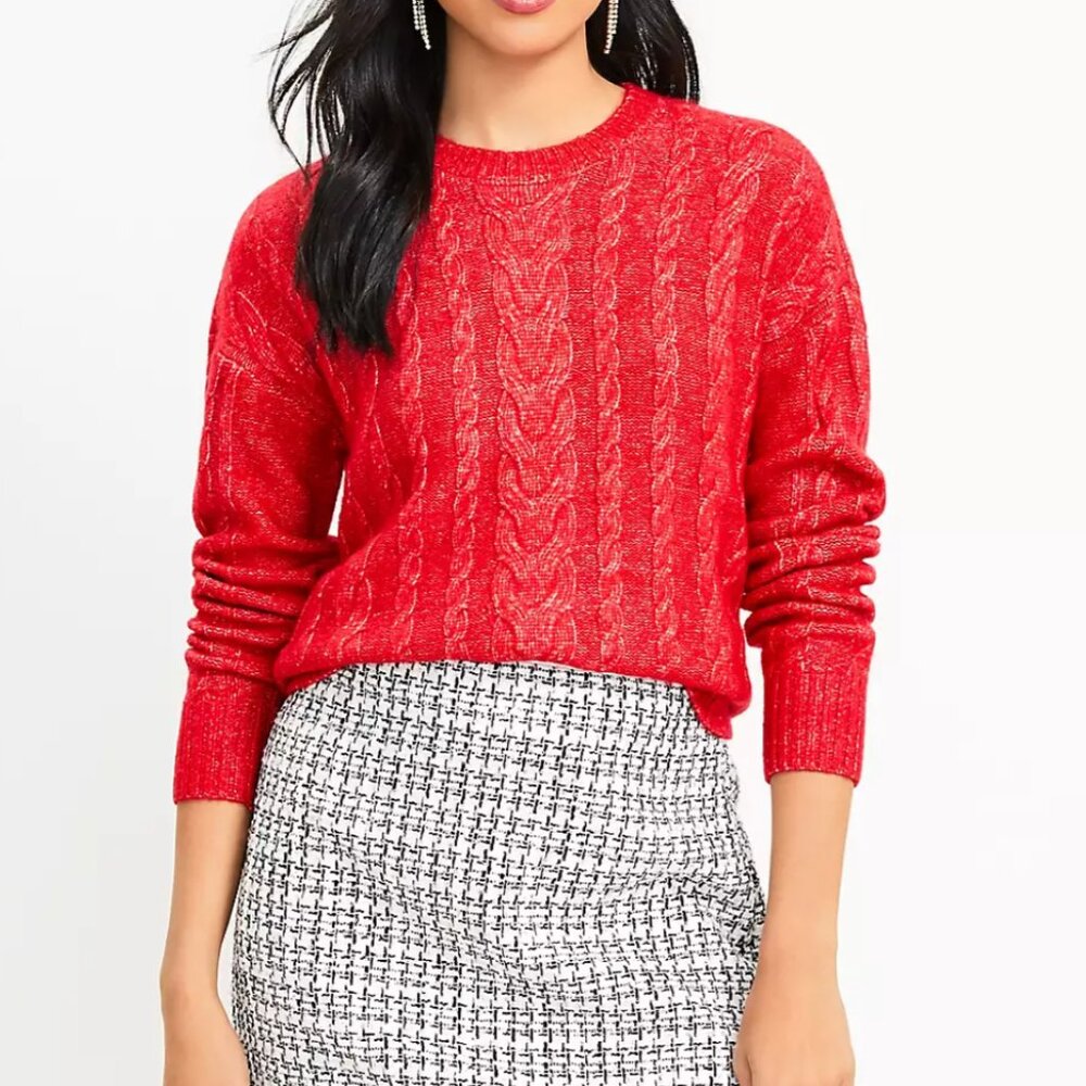 Loft Cable Sweater Tango Red Petite